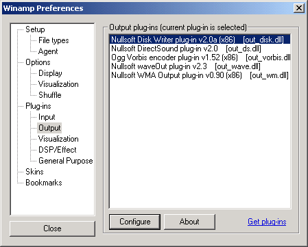 Winamp Preferences Window - Output > Nullsoft Disk Writer